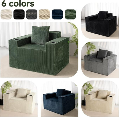 Cloud Single Sofa,Chaise Lounge Chair with Cup Holder & Side Pocket,Elevated Seat Height,No Assembly Required,Boneless Corduroy Chair for Small Space,Bedroom,Office (Green, Single Sofa)