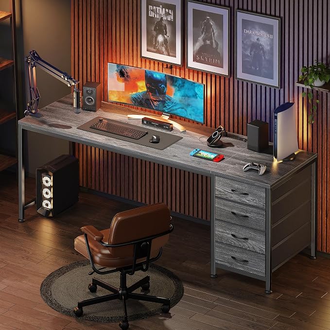 PRAISUN 63 Inch Computer Office Desk with Power Outelts and USB-C Port, Reversible Gaming Desk with 4 Fabric Drawers, Work Study Desk Work from Home, Grey