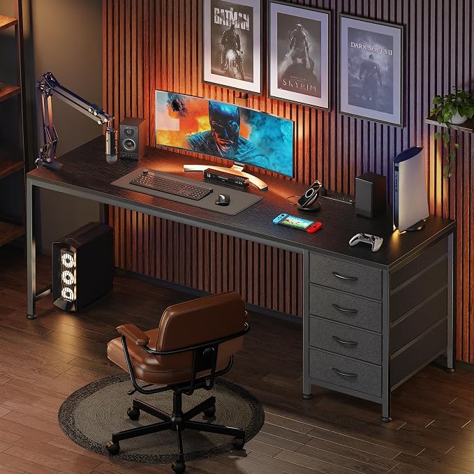 PRAISUN 63 Inch Computer Office Desk with Power Outelts and USB-C Port, Reversible Gaming Desk with 4 Fabric Drawers, Work Study Desk Work from Home, Black