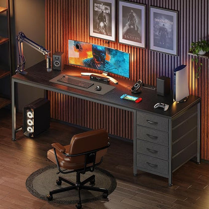 PRAISUN 63 Inch Computer Office Desk with Power Outelts and USB-C Port, Reversible Gaming Desk with 4 Fabric Drawers, Work Study Desk Work from Home, Black