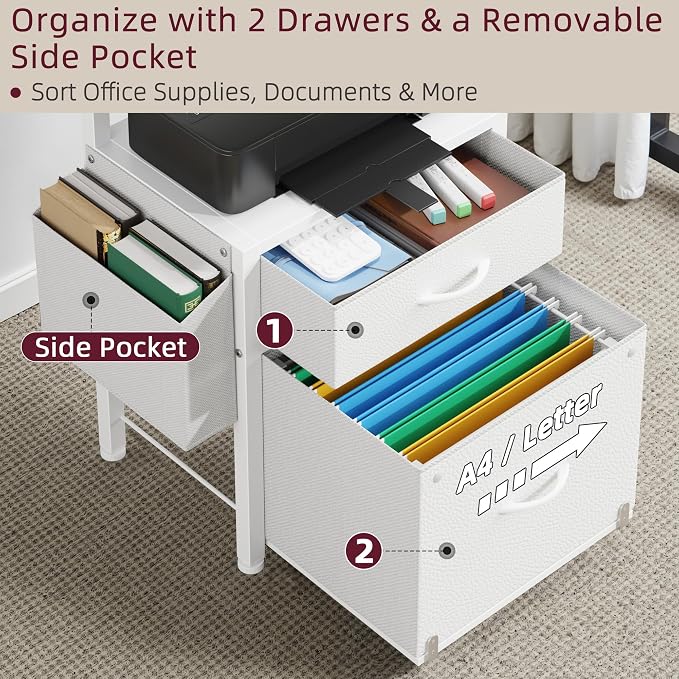 HIGDBFE 2-Drawer File Cabinet with Printer Stand & Dual Shelves, White | 2-Tier Printer Storage, Letter File Drawer, Reversible Side Bag, Smooth Drawer Slides, Rolling Support Board