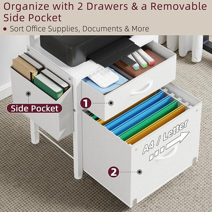 HIGDBFE 2-Drawer File Cabinet with Printer Stand & Dual Shelves, White | 2-Tier Printer Storage, Letter File Drawer, Reversible Side Bag, Smooth Drawer Slides, Rolling Support Board