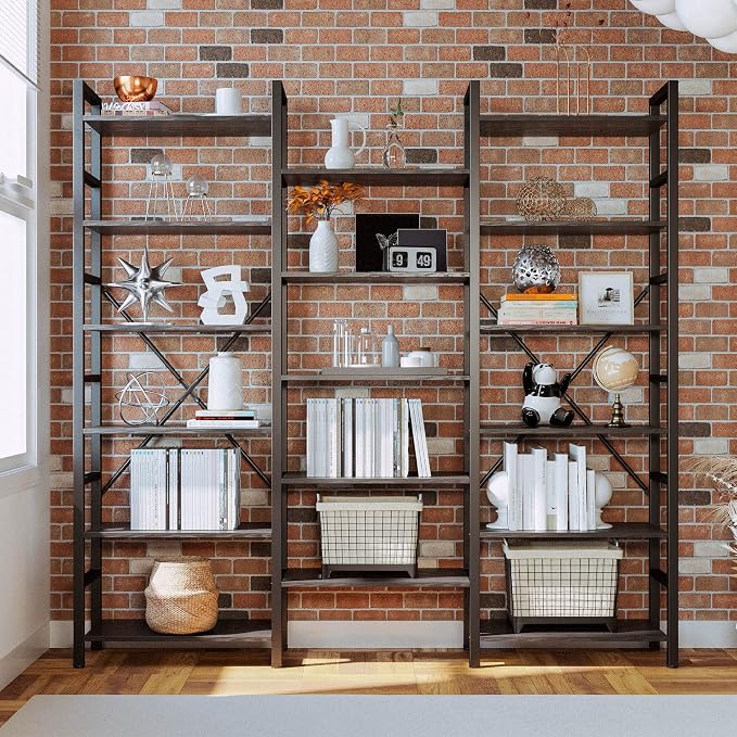 IRONCK Bookshelves 6 Tiers Triple Wide Industrial Bookshelf, Large Etagere Bookshelf Open Display Shelves with Metal Frame for Living Room Bedroom Home Office