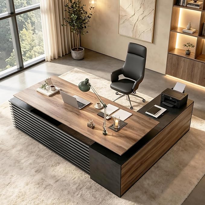SAINTCY 86.61In L Shaped Executive Standing Desk with Drawers, Large Modern Adjustable Heigh Home Office Desk w/Universal Charging Ports, Business Workstation, Black and Warm Oak