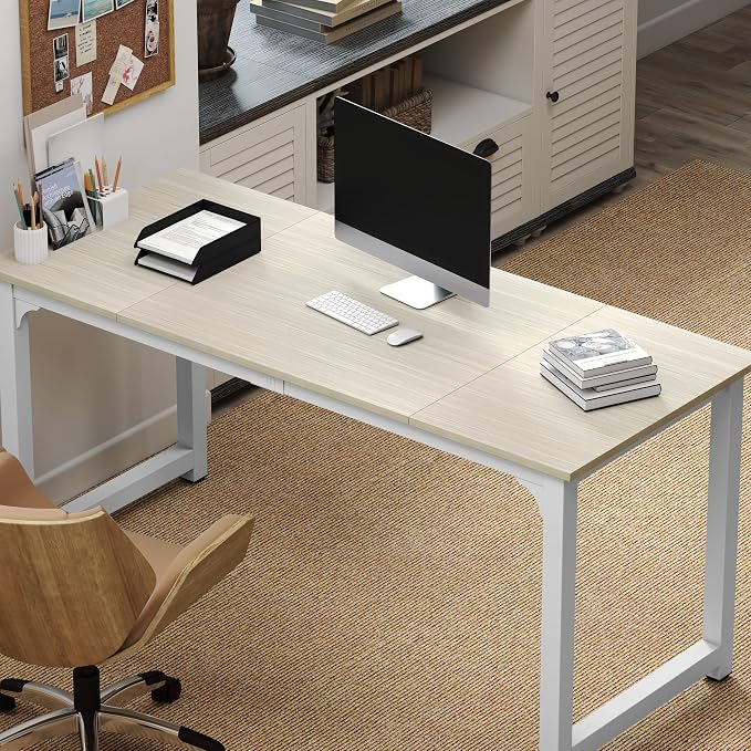 NSdirect Large Office Desk for Home Office, Large 63" Computer Desk Table, Wide Writing Study Desk for 2 Person, Metal Sturdy Frame Thicker Steel Legs, (White Oak, 63"L x 23.6"W x 29.5"H)