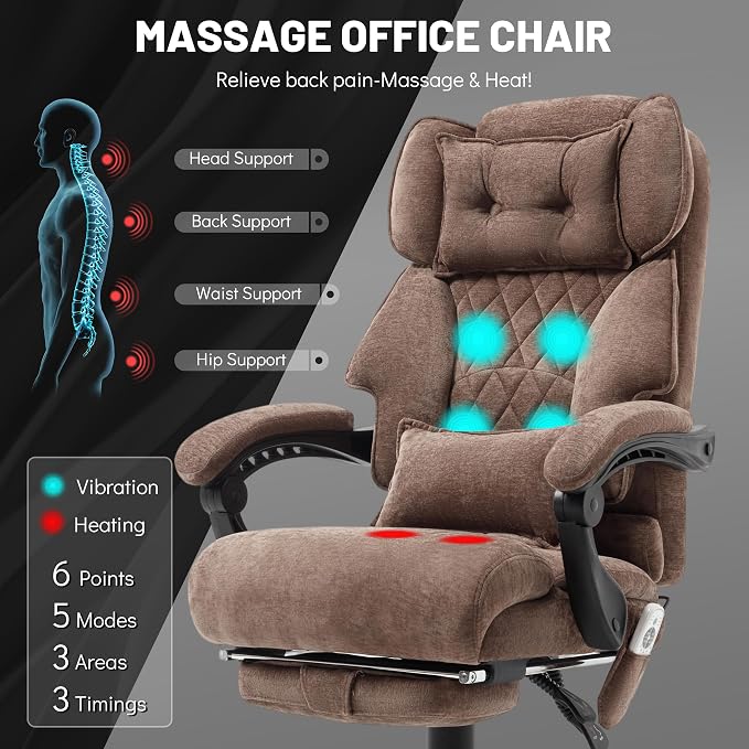 Massage Office Chair with Foot Rest,6 Points Vibration & Heat Executive Office Chairs,Ergonomic Fabric Desk Chair for Heavy People,Big and Tall Office Chair 500LBS,Recliner with Dual-Use Pillow,Brown