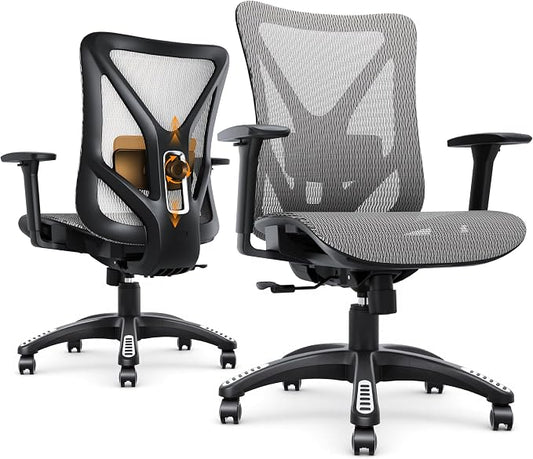 Ergonomic Office Chair, Mesh Computer Desk Chairs with Adjustable Lumbar Support, 3D Armrest, Tilt Function, Comfy Wide Seat, Executive Work Task Chair for Company & Home, Gaming Chair (Grey)