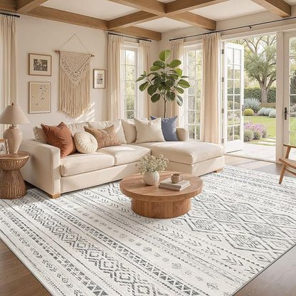 Nakagishi Area Rug Living Room Rugs: 7x9 Large Soft Machine Washable Boho Moroccan FarmNeutral Stain Resistant Indoor Floor Carpet for Bedroom Under Dining Table Home Office Decor-Grey