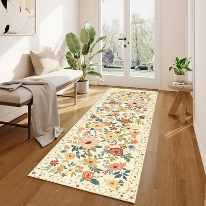 DUKINO 2x8 Runner Rug for Hallway, Washable Kitchen Runner Rug with Rubber Backing Non Slip, Low Pile Soft Boho Floral Thin Carpet for Entryway, Hallway, Bathroom, Laundry Room, Beige Yellow