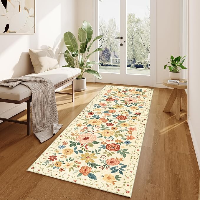 DUKINO Runner Rug, 2.6x8 Kitchen Rug for Hallway with Non Slip Backing, Washable Low Pile Soft Boho Floral Runner Carpet for Hallway, Kitchen, Entryway, Laundry, Bedroom, Beige Yellow