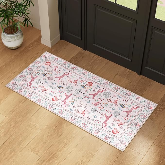 DUKINO 2x4 Rug for Hallway, Washable Kitchen Runner Rug with Non Slip Backing, Soft Low Pile Vintage Animal Runner for Bedroom, Kitchen, Hallway, Entryway, Laundry, Pink