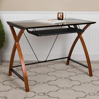 EMMA + OLIVER Black Glass Computer Desk with Pull-Out Keyboard Tray and Crisscross Frame