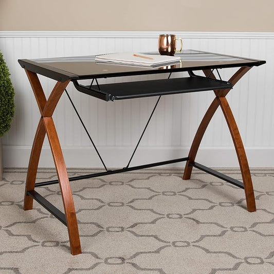 EMMA + OLIVER Black Glass Computer Desk with Pull-Out Keyboard Tray and Crisscross Frame