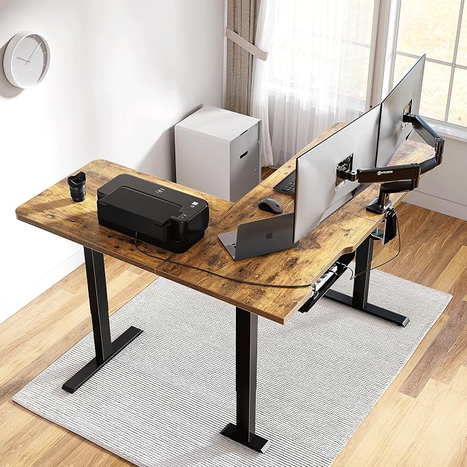 Cubiker L Shaped Standing Desk, 63" Electric Height Adjustable Corner Standing Desk L Shape, Sit Stand Home Office Desk with Splice Board, Rustic Brown Top