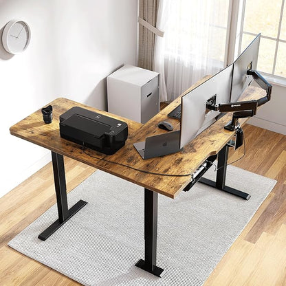 Cubiker L Shaped Standing Desk, 63" Electric Height Adjustable Corner Standing Desk L Shape, Sit Stand Home Office Desk with Splice Board, Rustic Brown Top