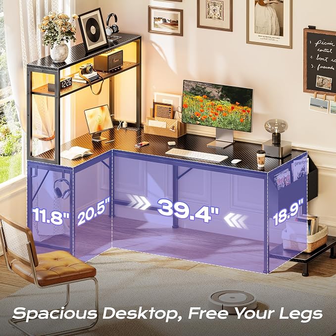 PRAISUN L Shaped Gaming Desk with LED Lights & Power Outlets, Reversible Computer Desk with Storage Shelves & Bag, Large Corner Home Office Desk with Pegboard for Work from Home, Carbon Fiber Black