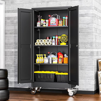 winiowa 61" Tall Metal Garage Storage Cabinet with Wheels, Steel Locking Rolling Tool Cabinet with 3 Adjustable Shelves for Garage,Home,Office (Black)