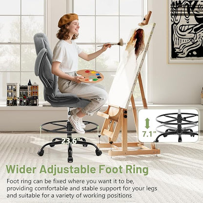 500LBS Drafting Chair, High Back Safer Standing Desk Chair, Executive Tall Office Chair with Flip-up Armrests, Upholstered Fabric Task Chair, Ergonomic Seat with Adjustable Height&Foot Ring, Grey