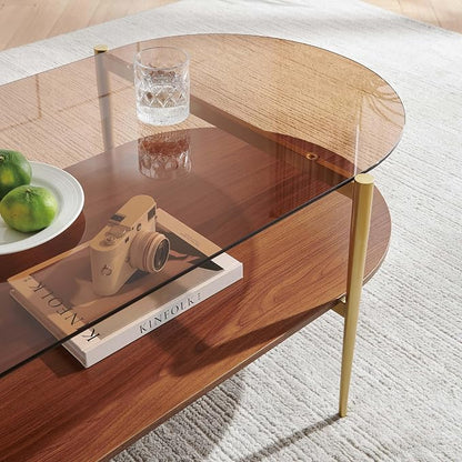 LumFurn X-Large Oval Glass Coffee Table, Mid-Century Modern Design, L47 x W24 x H17 inch, for Living Room, Amber Glass Top and Walnut Finish Wood Shelf, Conical Legs with Gold Finish Frame
