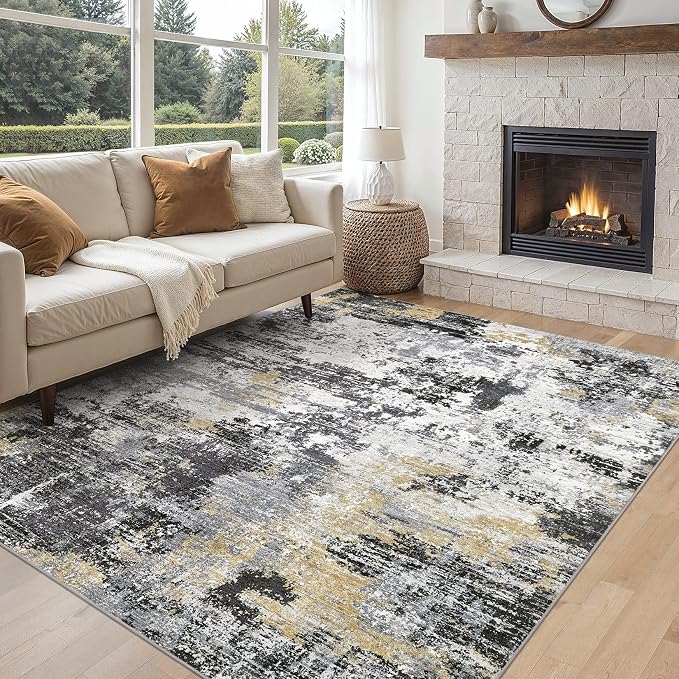 UERMEI 5x7 Area Rug for Living Room - Washable Neutral Modern Abstract Carpet, Non-Slip Soft Large Indoor Floor Rugs for Bedroom Home Office & Under Dining Table Decor, Black/White/Gold