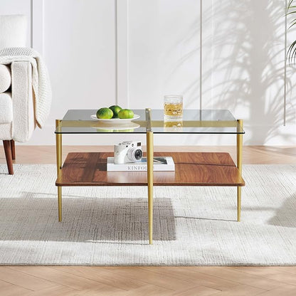 LumFurn X-Large Square Glass Coffee Table, Mid-Century Modern Design, L30 x W30 x H17 inch, for Living Room, Clear Glass Top and Walnut Finish Wood Shelf, Conical Legs with Gold Finish Frame