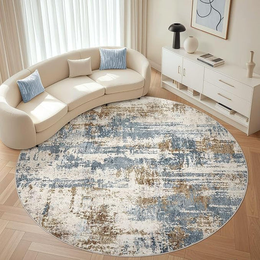 Round Rug Living Room Rugs: 8Ft Washable Circle Large Abstract Modern Soft Stain Resistant Non Slip Indoor Floor Carpet for Bedroom Nursery Office Dining Room Dorm Home House Decor- Tan Blue