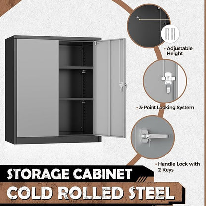 INTERGREAT Metal Garage Storage Cabinet, 36" Locking Counter Cabinet with 2 Locking Doors and 2 Adjustable Shelves, Small Steel Cabinet for for Home Office, Gym, School(New Grey)