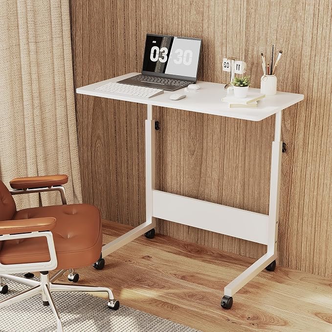 VINGLI Portable Computer Workstation, Standing Desk Adjustable Height, Small Computer Desk w/Rolling, Sit Stand Laptop Desk TV Tray for Bed Sofa Hospital Reading Eating, White, 31.5"