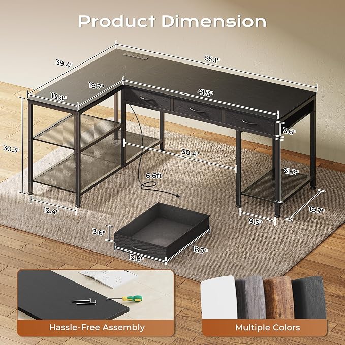 PRAISUN 55 Inch L Shaped Office Desk with Power Outlets and Type-C Port, Large Computer Gaming Desk with 3 Fabric Drawers, Mesh Shelves, Corner Study Work Writing Desk, Black
