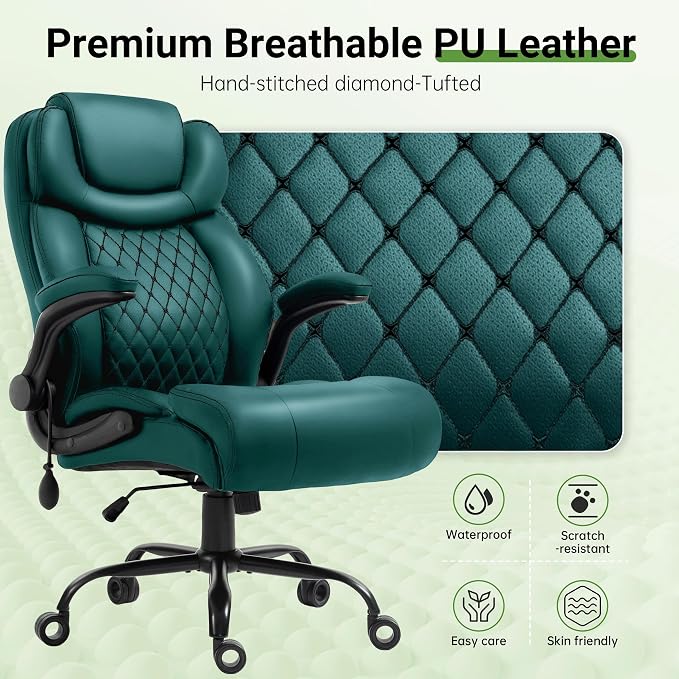 Office Chair, Big and Tall Executive Chairs with Lumbar Support for Back Pain,Breathable Desk Computer Chair with Adjustable Flip-up Armrests,Wide Cushion Swivel Home Office Chair Green PU
