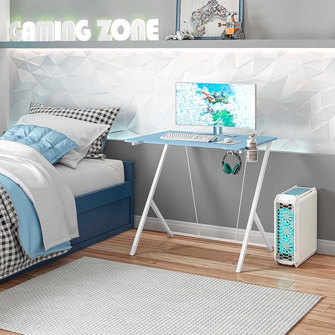32" W Small Gaming Desk with Cup and Headphone or Backpack Holder, Kids Desk for Bedroom and Cable Management, Blue