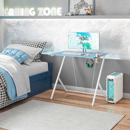 32" W Small Gaming Desk with Cup and Headphone or Backpack Holder, Kids Desk for Bedroom and Cable Management, Blue