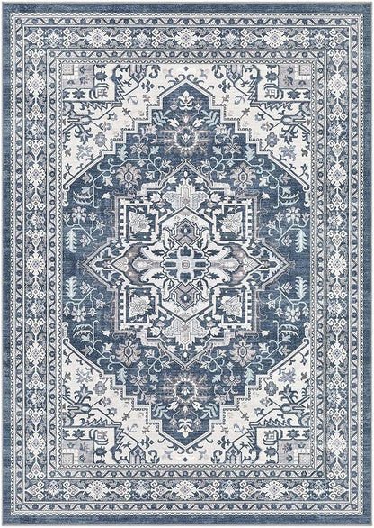 UERMEI 5x7 Area Rug for Living Room - Washable Vintage Carpet, Non-Slip Soft Large Indoor Floor Rugs for Bedroom Home Office & Under Dining Table Decor, Denim Blue/White