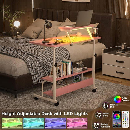 Height Adjustable Standing Desk with Power Outlets and LED Lights - 32" Manual Stand Up Desk with Monitor Stand and Storage Shelves Small Mobile Rolling Computer Desk Portable Laptop Table, Pink
