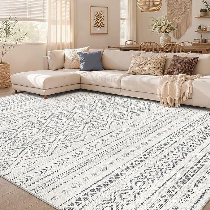 Nakagishi Area Rug Living Room Rugs: 10x14 Large Soft Machine Washable Boho Moroccan FarmNeutral Stain Resistant Indoor Floor Carpet for Bedroom Under Dining Table Home Office Decor-Grey