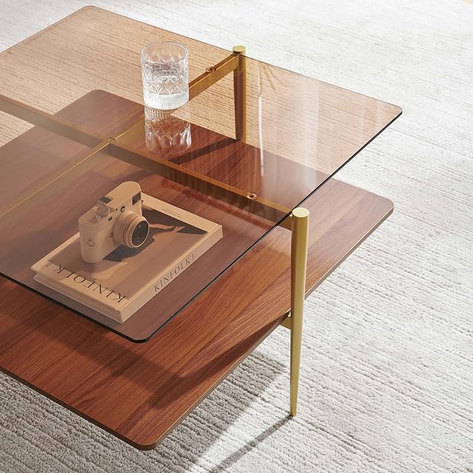 LumFurn Square Coffee Table, Mid-Century Modern Design, L30 x W30 x H17 Inch, for Living Room, 2-Tier Structure, Amber Glass Top and Walnut Wood Shelf, Sleek Conical Metal Legs with Gold Finish