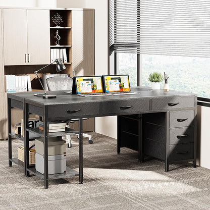 Huuger Computer Desk with 6 Drawers, Office Desk with Shelves, Reversible Gaming Desk, Corner Desk with Storage, Work for Home Office, Study, Living Room, 54inch, Grey
