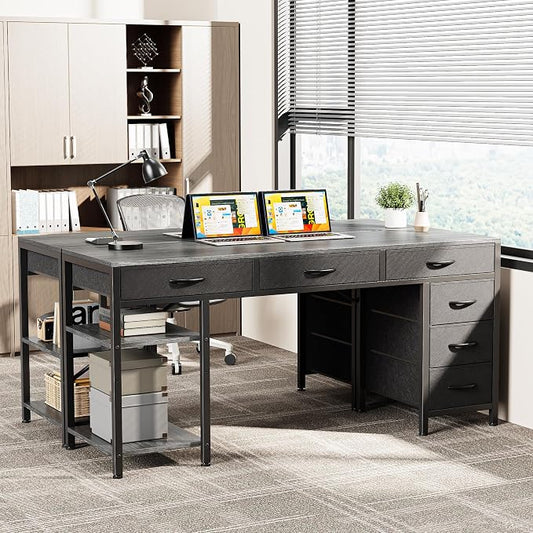Huuger Computer Desk with 6 Drawers, Office Desk with Shelves, Reversible Gaming Desk, Corner Desk with Storage, Work for Home Office, Study, Living Room, 54inch, Grey
