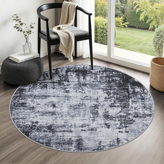 Round Area Rug for Living Room: 5 ft Washable Modern Abstract Soft Thin Rug Indoor Floor No Slip Stain Resistant Carpet for Bedroom Dining Room Farmhouse Nursery Home Office - Dark Black