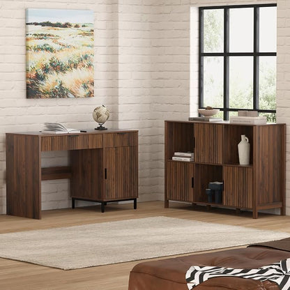 EYYTHUNG 47" Fluted Executive Desk, Modern Wood Home Office Desk with Charging Station, Drawer & Cabinet, Computer Writing Desk for Work Study, Brown