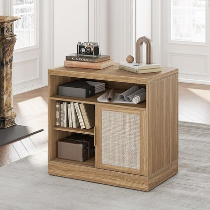 Rattan File Cabinet with Sliding Door, 32'' Lateral File Cabinet with Open Adjustable Shelves, Wood Filing Cabinet for Home Office, Natural Oak