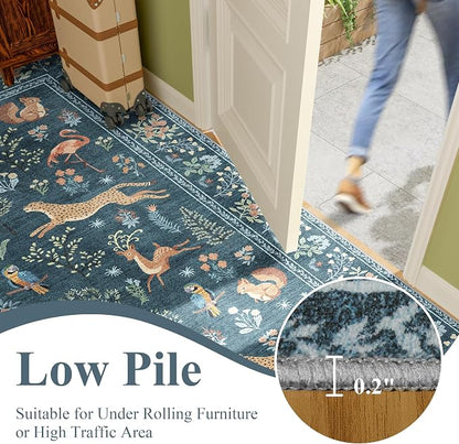DUKINO 2.6x8 Rug for Hallway, Washable Kitchen Runner Rug with Non Slip Backing, Soft Low Pile Vintage Animal Runner for Bedroom, Kitchen, Hallway, Entryway, Laundry, Blue