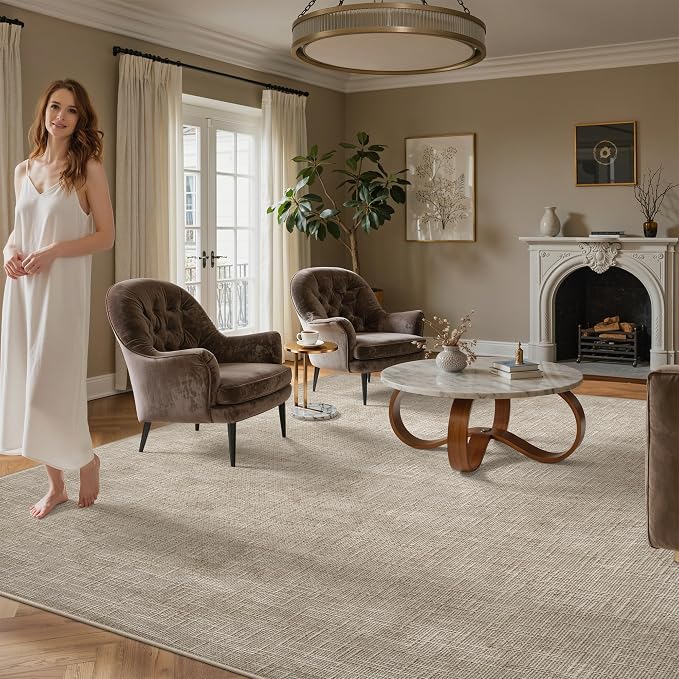 Valenrug 6x9 Area Rug - Stain Resistant 6x9 Rugs for Living Room, Non Slip High-Low Pile Textured Area Rugs for Bedroom, Folable Machine Washable Area Rug (6'x9', Beige)