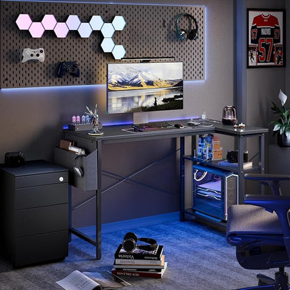 TIQLAB Gaming Desk with Power Outlets - 40 inch L Shaped Computer Desk, Reversible Design Small Corner Desk, Bookshelf Workstation for Work Study Play Home Office, Black