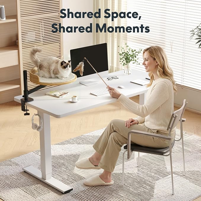 FLEXISPOT EN2 55" x 28" Standing Desk with Solid Wood Cat Bed Bundle, 1" Thick Desktop, Desk-Mounted Cat Perch with Scratcher, White