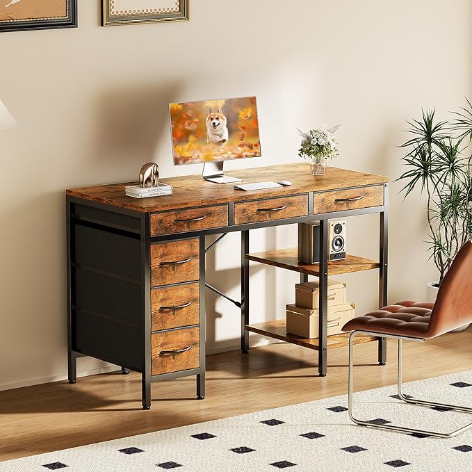 OLIXIS Computer desk with 6 Drawers, 47 inch Office workstation with Storage Shelves, Reversible Gaming setup, Corner table with Storage Drawers, Work for Home Office, Study, Living Room, Rustic Brown