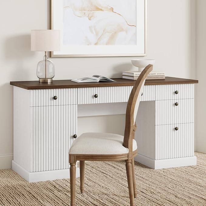 Garvee Fluted Home Office Desk Storage, 60" Modern Executive Desk with Charging Station, Wooden Computer Writing Desk with File Cabinet & Drawers for Study, Living Room, Bedroom-Brown&White