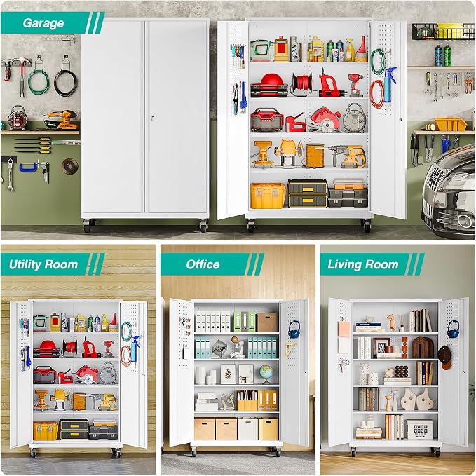 SISESOL Wide & Deep Metal Storage Cabinet with Wheels,Tall Rolling Garage Storage Cabinet with Lock,White Metal Cabinets with Pegboards and Shelves,Tool Locker for Garage,Home,Office,43''Wx 20''Dx71"H