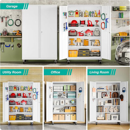 SISESOL Wide & Deep Metal Storage Cabinet with Wheels,Tall Rolling Garage Storage Cabinet with Lock,White Metal Cabinets with Pegboards and Shelves,Tool Locker for Garage,Home,Office,43''Wx 20''Dx71"H