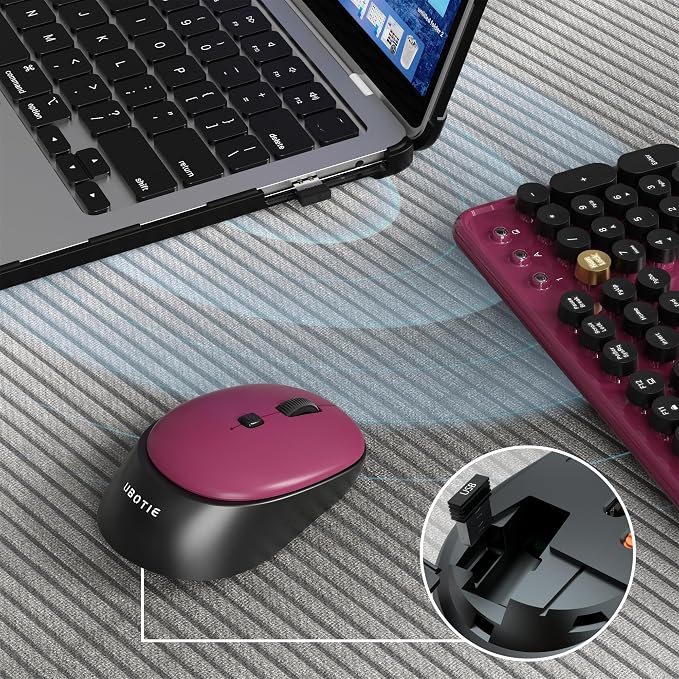 Colorful Wireless Computer Keyboards Mouse Combos, UBOTIE Polychrome Round Keycaps Retro PC Keyboards 2.4GHz Radio Frequency Connection with Optical Mouse(Black Claret)